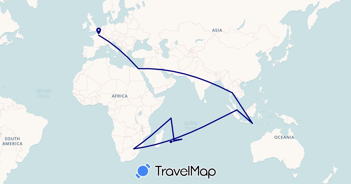 TravelMap itinerary: driving in Egypt, France, Indonesia, Mauritius, Réunion, Seychelles, Singapore, Thailand, South Africa (Africa, Asia, Europe)